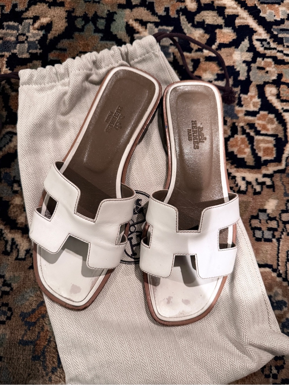 Hermes White Leather Oran Slide Sandals with Brown Insole
